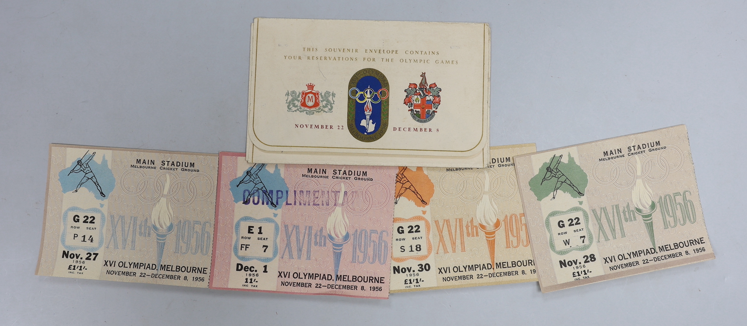 Melbourne Olympics 1956 ticket stubs and souvenir envelope